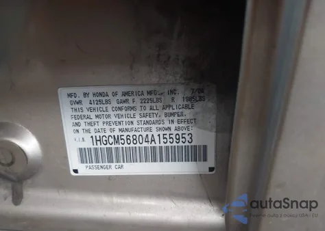 2004 Honda Accord 2.4 Ex from USA, damaged, VIN 1HGCM56804A155953